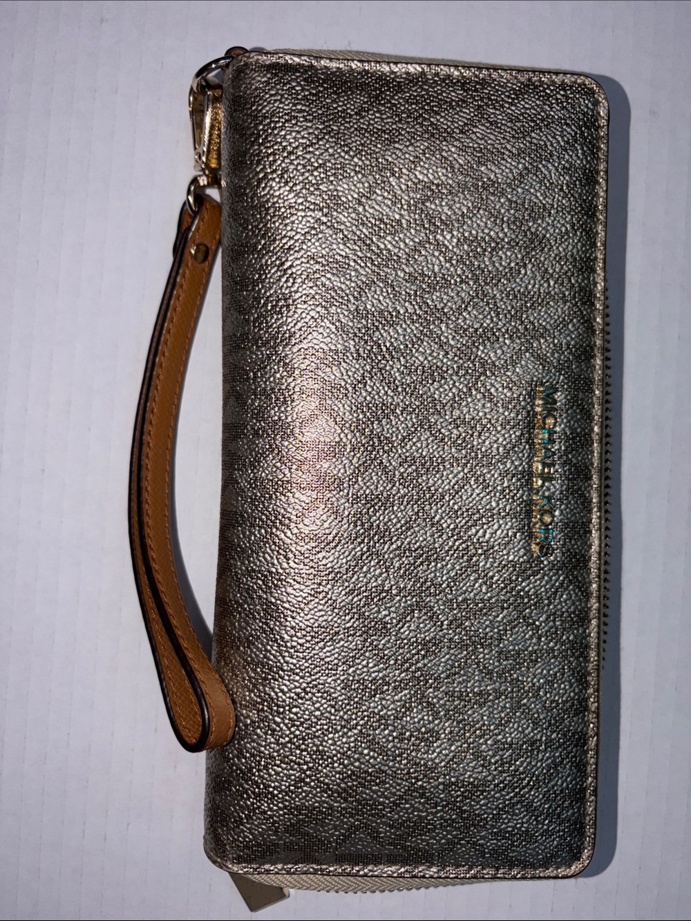 Michael Kors Metallic Gold Zip-Around Wristlet Clutch with Tan Strap